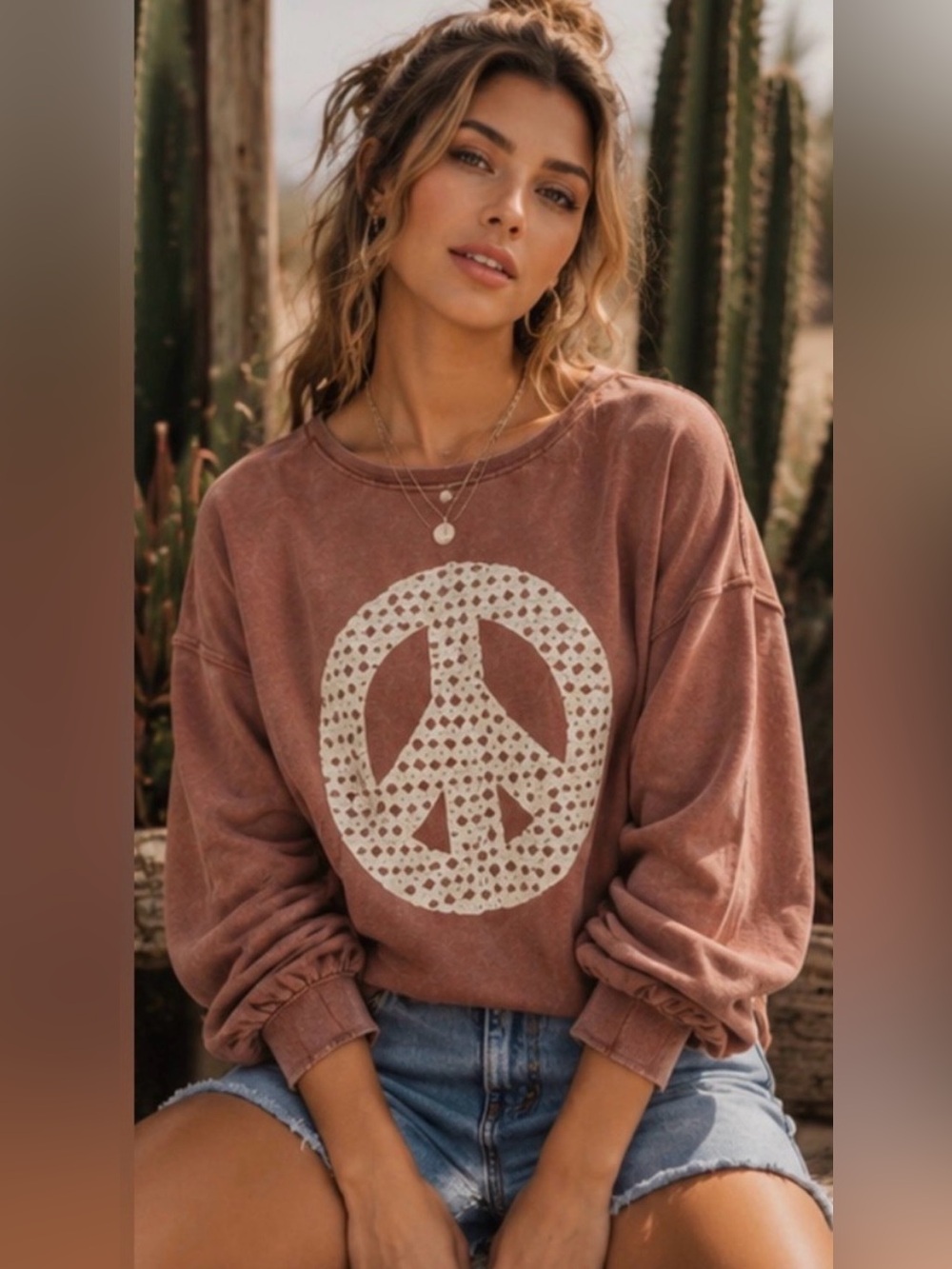 New‼️ Umgee NWT Mineral Wash Crochet Peace Sign Oversized Sweatshirt S
